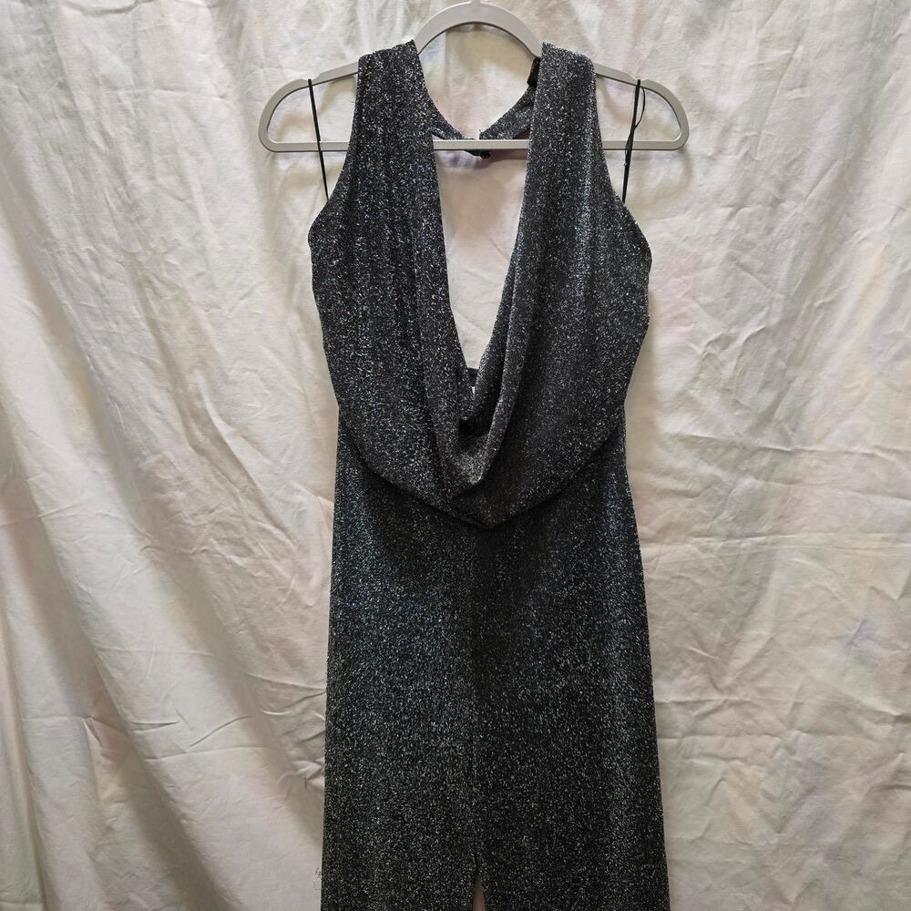 Superdown Saffron Cowl Neck black halter jumpsuit metalic silver sparkly large